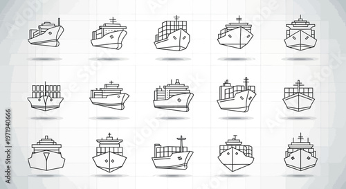 Cargo Ship Icons Collection: Modern Container Vessels Line Art