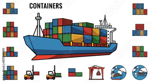 Cargo Ship Loaded with Colorful Shipping Containers and Logistics Icons