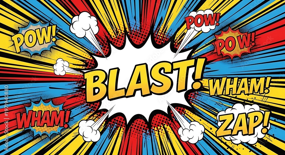 Fototapeta premium Comic book explosion graphic with sound effects and radial color lines