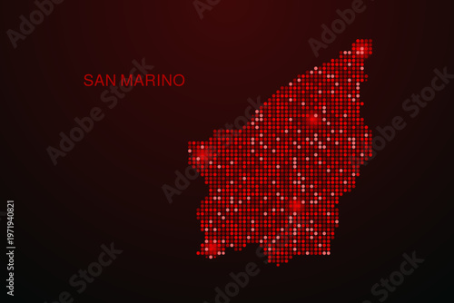 San Marino Map - Digital dotted map with glowing red points on dark background, modern technology style, abstract data network design, clean minimal vector illustration.