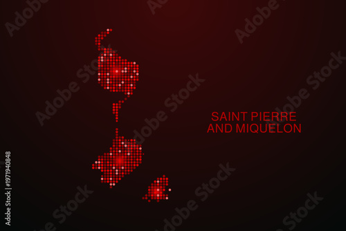 Saint Pierre and Miquelon Map - Digital dotted map with glowing red points on dark background, modern technology style, abstract data network design, clean minimal vector illustration.