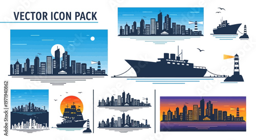 Cityscape Vector Icons Pack: Skyline, Ships, Lighthouse, Sunset