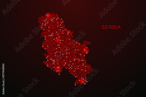 Serbia Map - Digital dotted map with glowing red points on dark background, modern technology style, abstract data network design, clean minimal vector illustration.