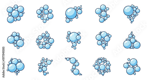 Collection of Blue Bubbles and Water Droplets Isolated on White Background
