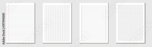 Realistic lined and checkered sheets note paper. Workbook paper sheets. Mockup sheets of paper torn from a notebook. Blank gridded notebook.