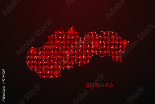 Slovakia Map - Digital dotted map with glowing red points on dark background, modern technology style, abstract data network design, clean minimal vector illustration.