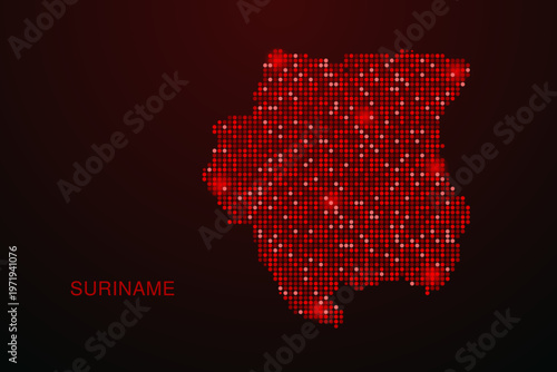 Suriname Map - Digital dotted map with glowing red points on dark background, modern technology style, abstract data network design, clean minimal vector illustration.