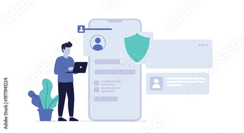Man working on laptop with mobile phone security illustration.