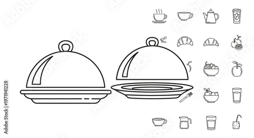 Collection of Food and Drink Icons: Plates, Croissants, Tea, Coffee, Fruit, Glasses