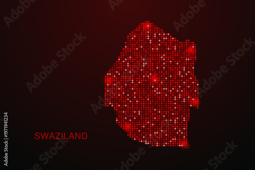 Swaziland Map - Digital dotted map with glowing red points on dark background, modern technology style, abstract data network design, clean minimal vector illustration.