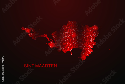 Sint Maarten Map - Digital dotted map with glowing red points on dark background, modern technology style, abstract data network design, clean minimal vector illustration.