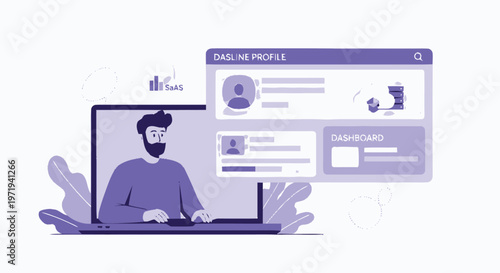 Man working on laptop with online profile interface, vector illustration.