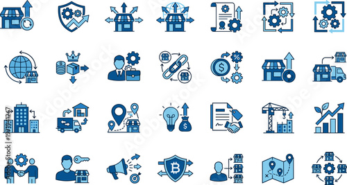 Business icons, technology, finance, logistics, innovation, storefront, chart, security, global, delivery, data, growth, e-commerce, planning, strategy
