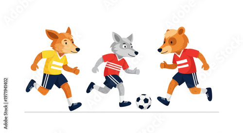 Cute cartoon animals playing soccer game, fox, wolf, bear in sports uniforms