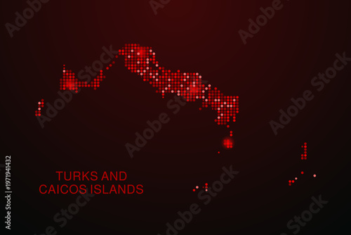 Turks and Caicos Islands Map - Digital dotted map with glowing red points on dark background, modern technology style, abstract data network design, clean minimal vector illustration.
