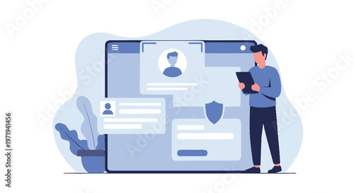 Man Reviewing Profile Data on a Large Screen Interface.