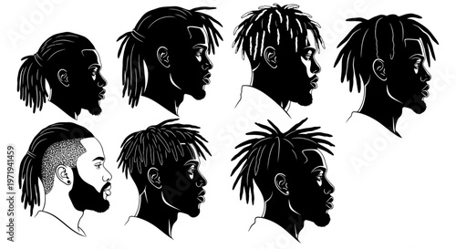 Diverse Male Hairstyles Silhouette Collection: Dreadlocks, Ponytail, Fade