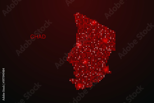 Chad Map - Digital dotted map with glowing red points on dark background, modern technology style, abstract data network design, clean minimal vector illustration.