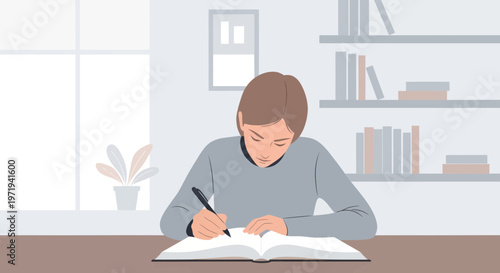 Student studying and writing in a book at a desk with bookshelves in the background