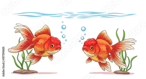 Two Goldfish Swimming Underwater, Bubbles and Aquatic Plants, Clean White Background