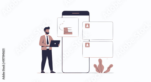 Man working on laptop with phone and data screens.