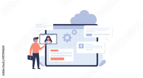 Man Presenting Woman on Screen in Digital Meeting.