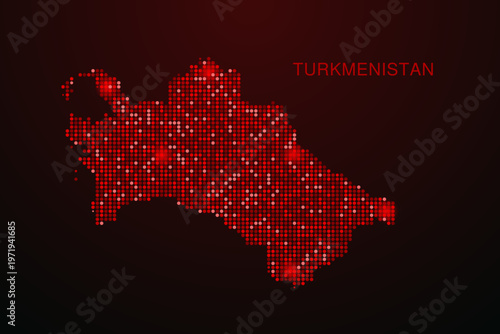 Turkmenistan Map - Digital dotted map with glowing red points on dark background, modern technology style, abstract data network design, clean minimal vector illustration.