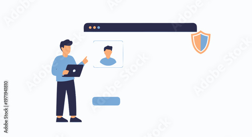 Man working on laptop with profile picture and security shield icon.