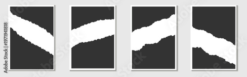 Black and white paper torn, rectangle torn paper shape. Torn notebook page, headline, calligraphy border, isolated grunge header background. Rough edge rectangle frame. Vector illustration.