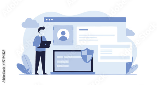 Man with Laptop Standing Near Large Computer Screen.