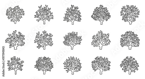 Collection of Stylized Tree Icons: Simple Line Art Illustrations