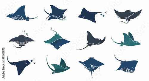 Collection of stylized stingray and manta ray icons, vector illustrations on white background