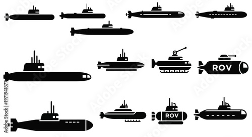 Collection of Submarine and ROV Silhouettes, Underwater Navy Vessels