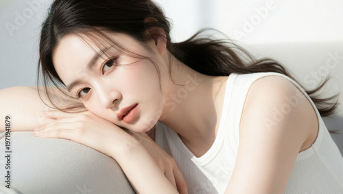 やわらかな自然光の中で頬を寄せるようにくつろぐ若い女性の、素肌の美しさと静かな透明感を伝えるビューティー広告ビジュアル