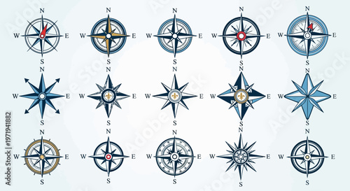Collection of Various Compass Rose Designs for Navigation and Direction