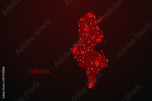 Tunisia Map - Digital dotted map with glowing red points on dark background, modern technology style, abstract data network design, clean minimal vector illustration.