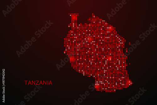 Tanzania Map - Digital dotted map with glowing red points on dark background, modern technology style, abstract data network design, clean minimal vector illustration.
