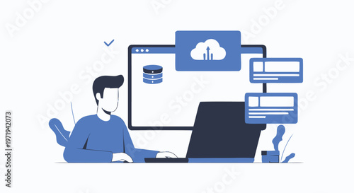 Man Working on Cloud Database System with Laptop and Monitor.