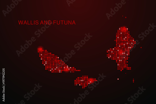 Wallis and Futuna Map - Digital dotted map with glowing red points on dark background, modern technology style, abstract data network design, clean minimal vector illustration.