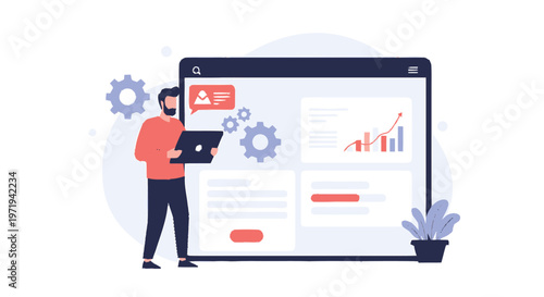 Man working on laptop with website interface and data analytics.