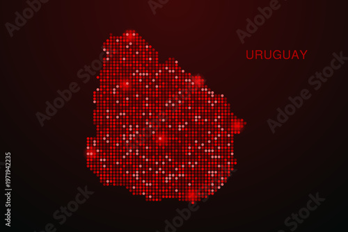 Uruguay Map - Digital dotted map with glowing red points on dark background, modern technology style, abstract data network design, clean minimal vector illustration.