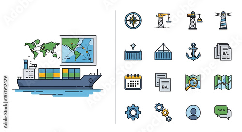 Container Ship with World Map and Shipping Icons Set