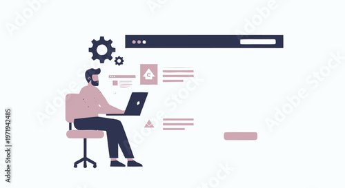 Man Working on Laptop with Gear Icon and Website Interface.