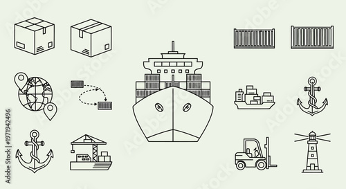 Container Ship Logistics Icons: Shipping, Cargo, Import/Export, Global Trade