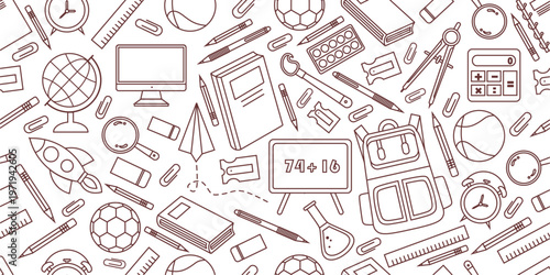 School supplies seamless pattern. School attributes seamless pattern. Student accessories repeat background. Back to school banner. Education doodle pattern background.