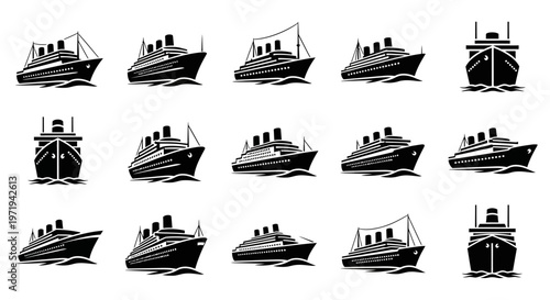 Cruise Ship Icons Set: Multiple Views and Angles of Passenger Vessels