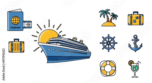 Cruise Ship Vacation Icons: Passport, Suitcase, Palm Tree, Anchor, Sun