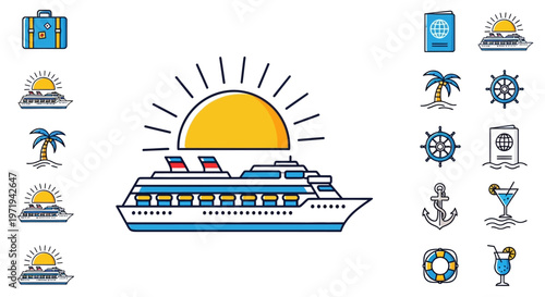 Cruise Ship Vacation Icons Set: Sun, Ship, Palm Tree, Passport, Anchor, Lifebuoy