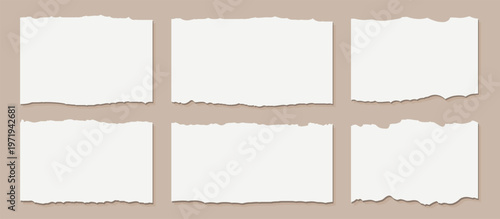 Set of torn paper sheets. Ripped paper strips collection. Torn notebook page or scrap note with damaged border. Sticky newspaper clip art.	
