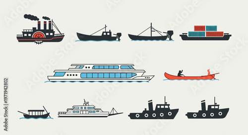 Diverse Collection of Vintage and Modern Boats and Ships Icons